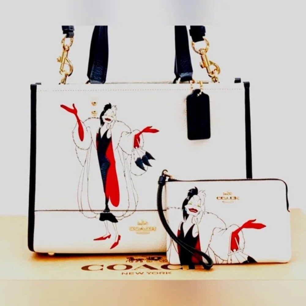 Disney X Coach Dempsey Carryall with Cruella Motif & Matching Wallet, VERY CUTE